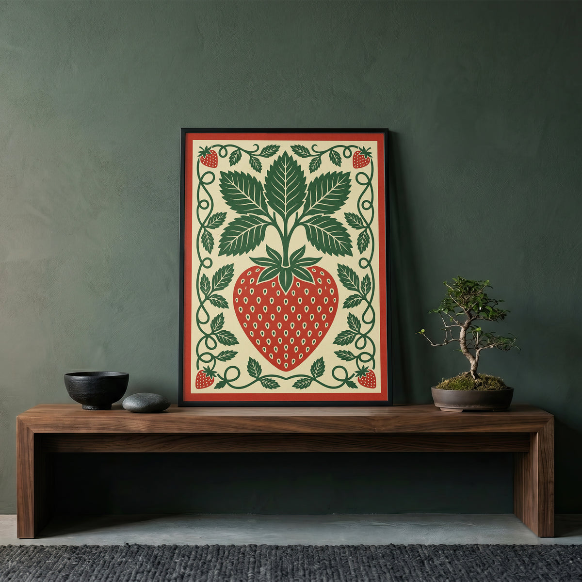 Vintage Strawberry Botanical Folk Print Kitchen Wall Art Print