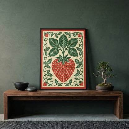 Vintage Strawberry Botanical Folk Print Kitchen Wall Art Print