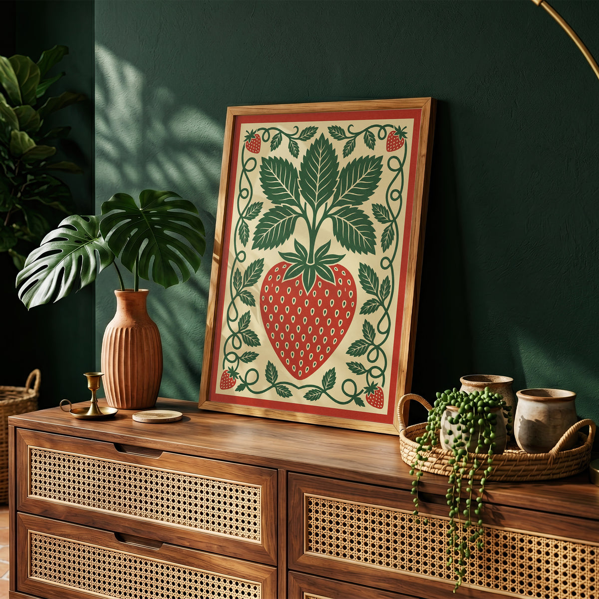 Vintage Strawberry Botanical Folk Print Kitchen Wall Art Print