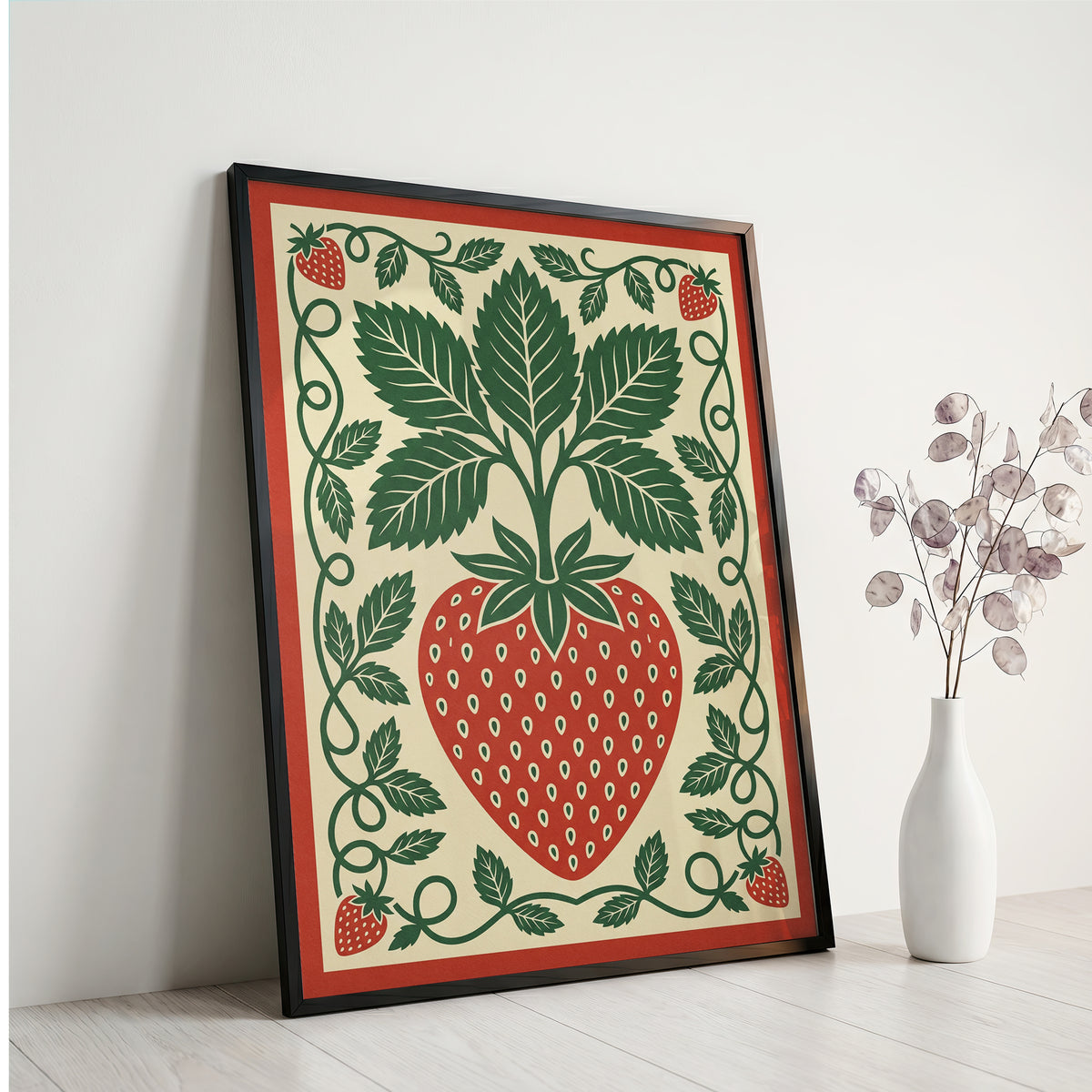 Vintage Strawberry Botanical Folk Print Kitchen Wall Art Print