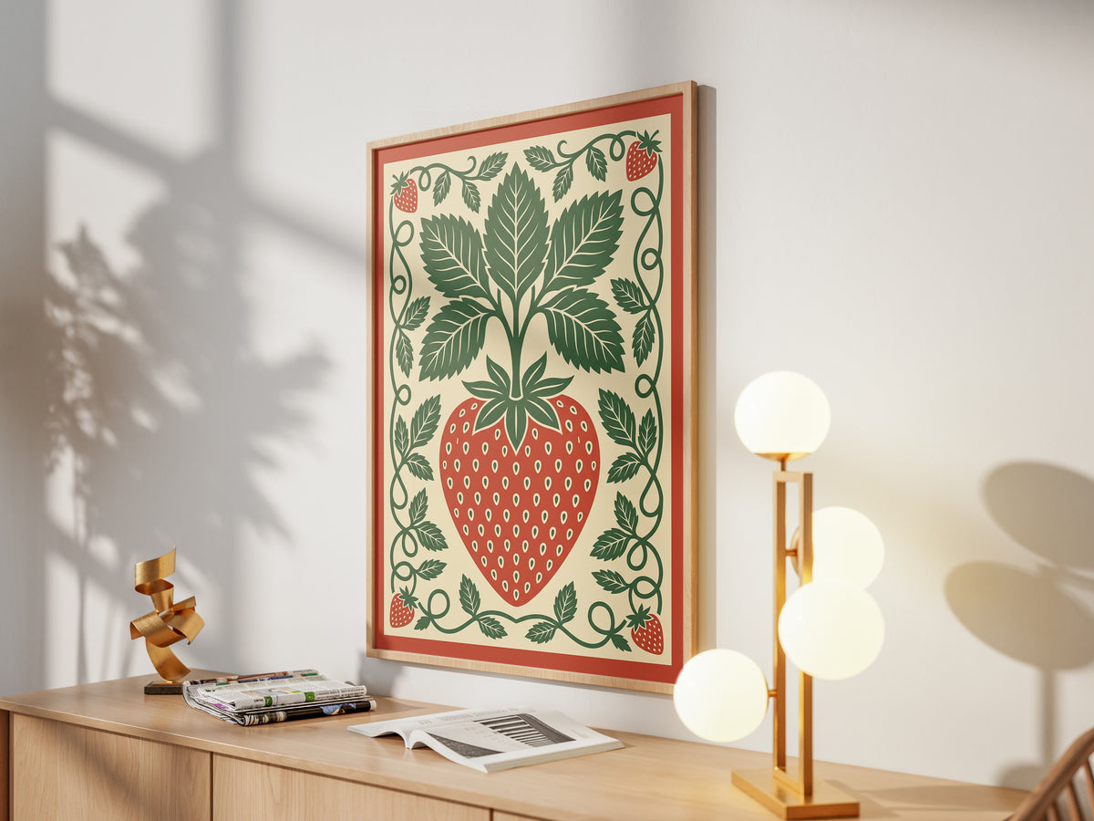 Vintage Strawberry Botanical Folk Print Kitchen Wall Art Print