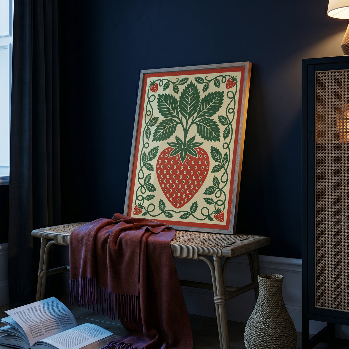 Vintage Strawberry Botanical Folk Print Kitchen Wall Art Print