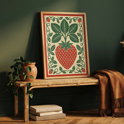 Vintage Strawberry Botanical Folk Print Kitchen Wall Art Print