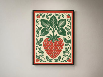 Vintage Strawberry Botanical Folk Print Kitchen Wall Art Print