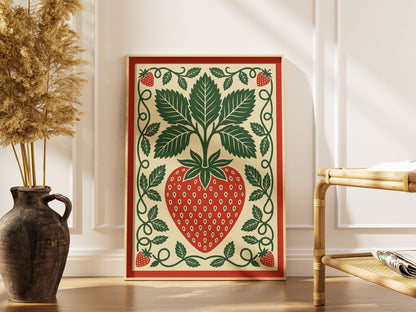 Vintage Strawberry Botanical Folk Print Kitchen Wall Art Print
