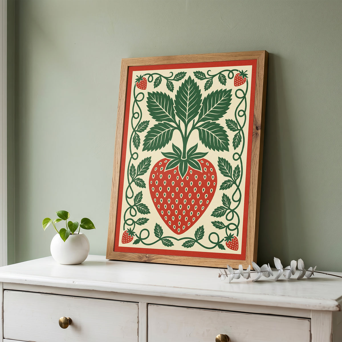 Vintage Strawberry Botanical Folk Print Kitchen Wall Art Print