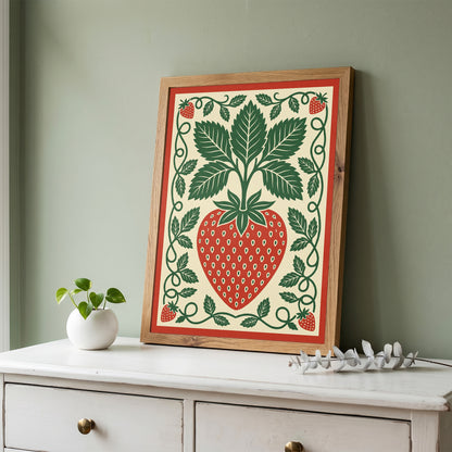 Vintage Strawberry Botanical Folk Print Kitchen Wall Art Print