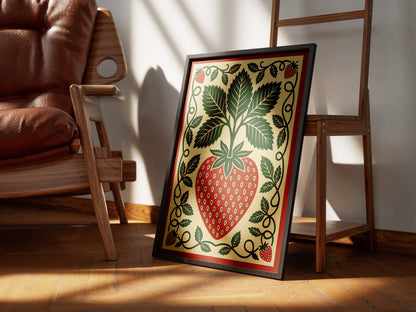 Vintage Strawberry Botanical Folk Print Kitchen Wall Art Print
