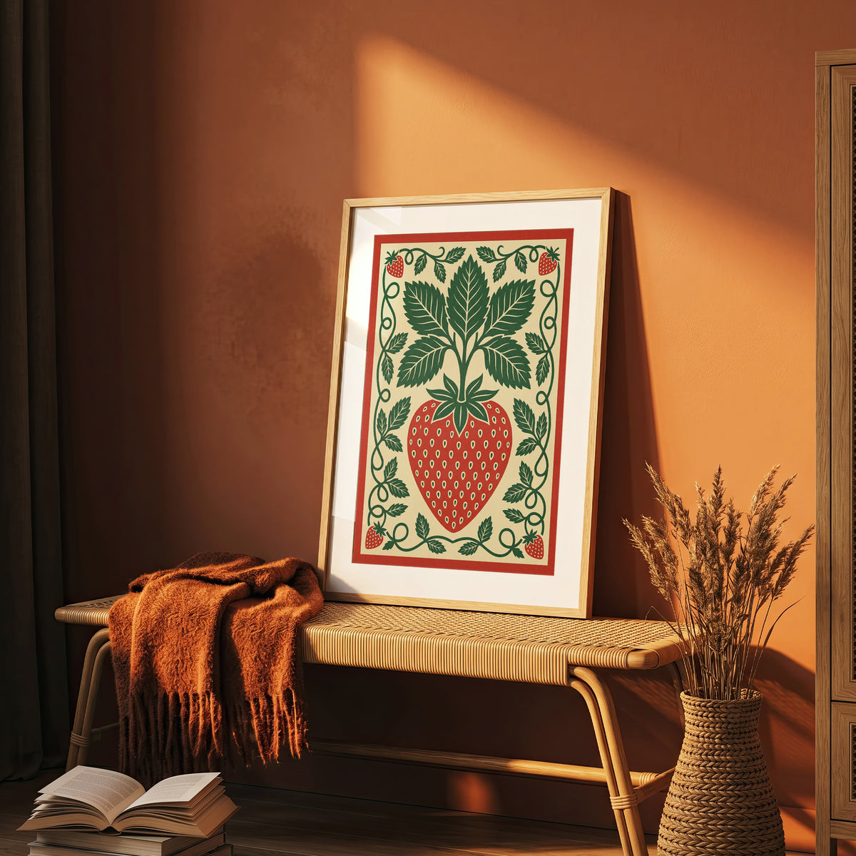 Vintage Strawberry Botanical Folk Print Kitchen Wall Art Print