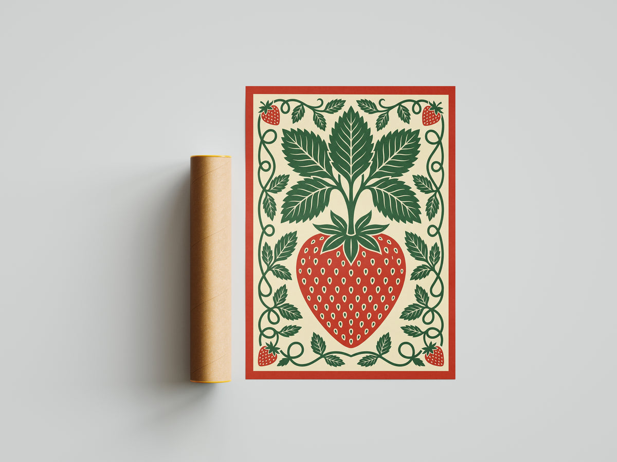 Vintage Strawberry Botanical Folk Print Kitchen Wall Art Print