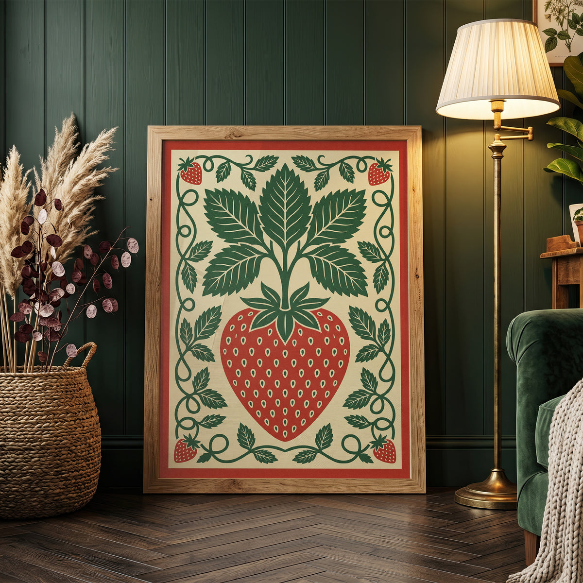 Vintage Strawberry Botanical Folk Print Kitchen Wall Art Print