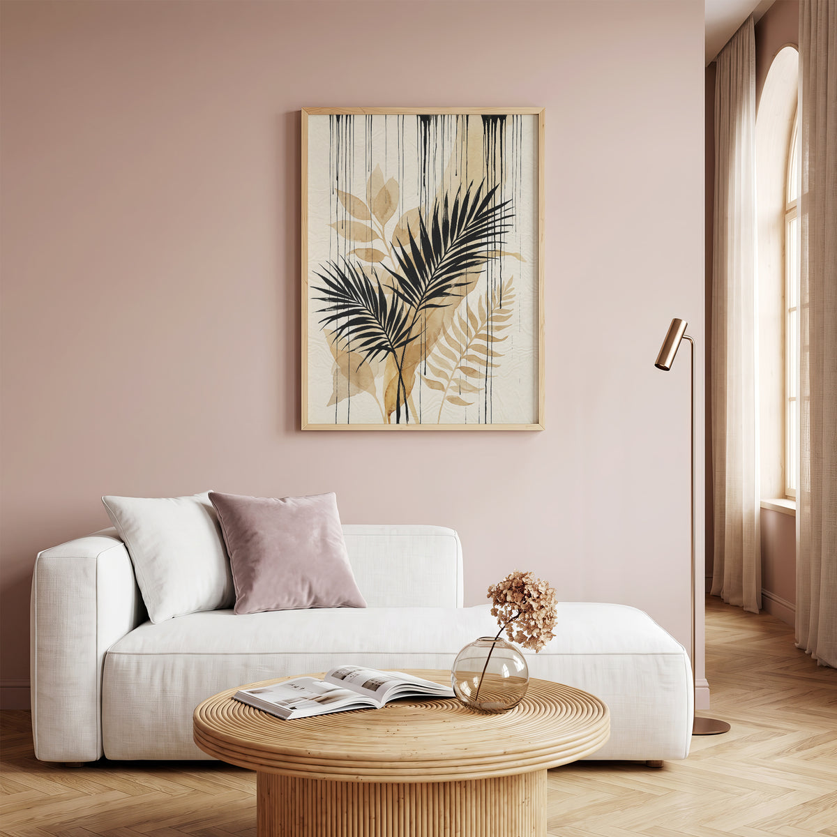 Tropical Palm Fronds & Ink Drip Print - Sepia Botanical