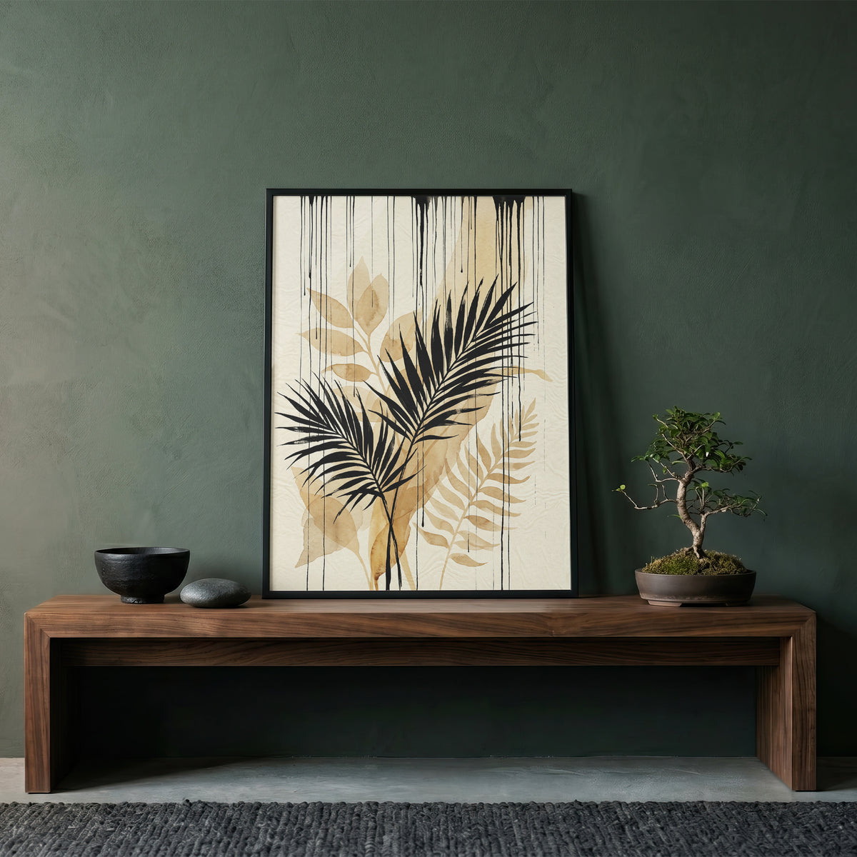 Tropical Palm Fronds & Ink Drip Print - Sepia Botanical