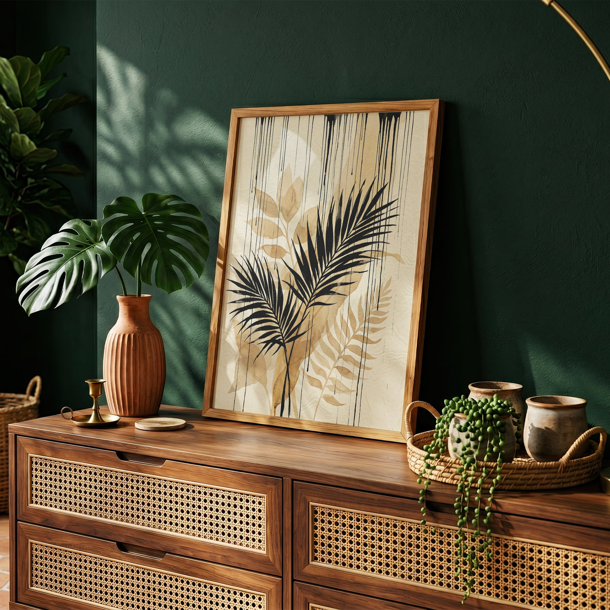 Tropical Palm Fronds & Ink Drip Print - Sepia Botanical