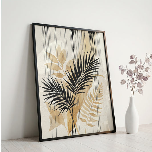 Tropical Palm Fronds & Ink Drip Print - Sepia Botanical