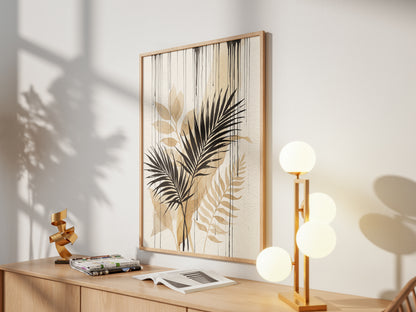 Tropical Palm Fronds & Ink Drip Print - Sepia Botanical