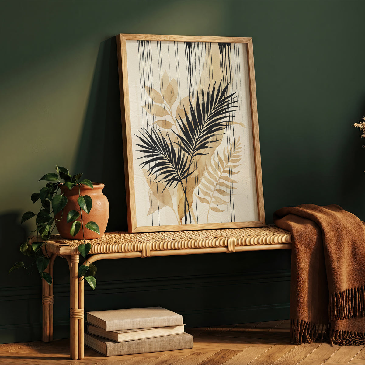 Tropical Palm Fronds & Ink Drip Print - Sepia Botanical