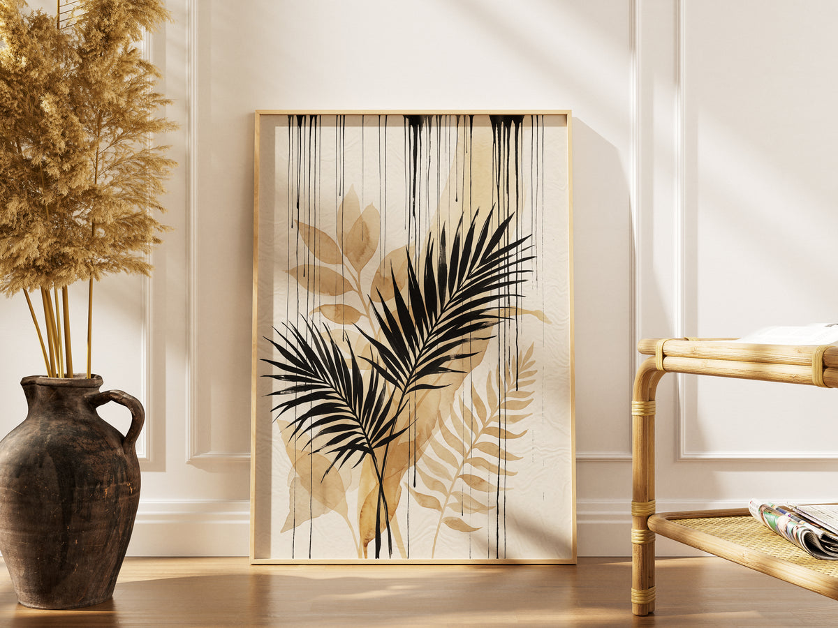 Tropical Palm Fronds & Ink Drip Print - Sepia Botanical