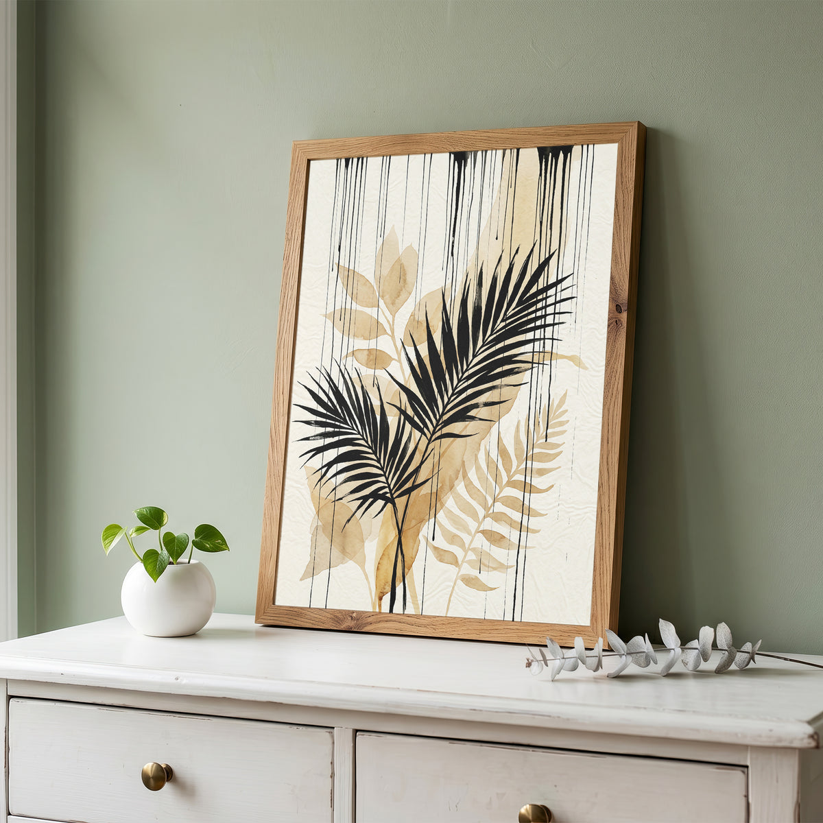 Tropical Palm Fronds & Ink Drip Print - Sepia Botanical