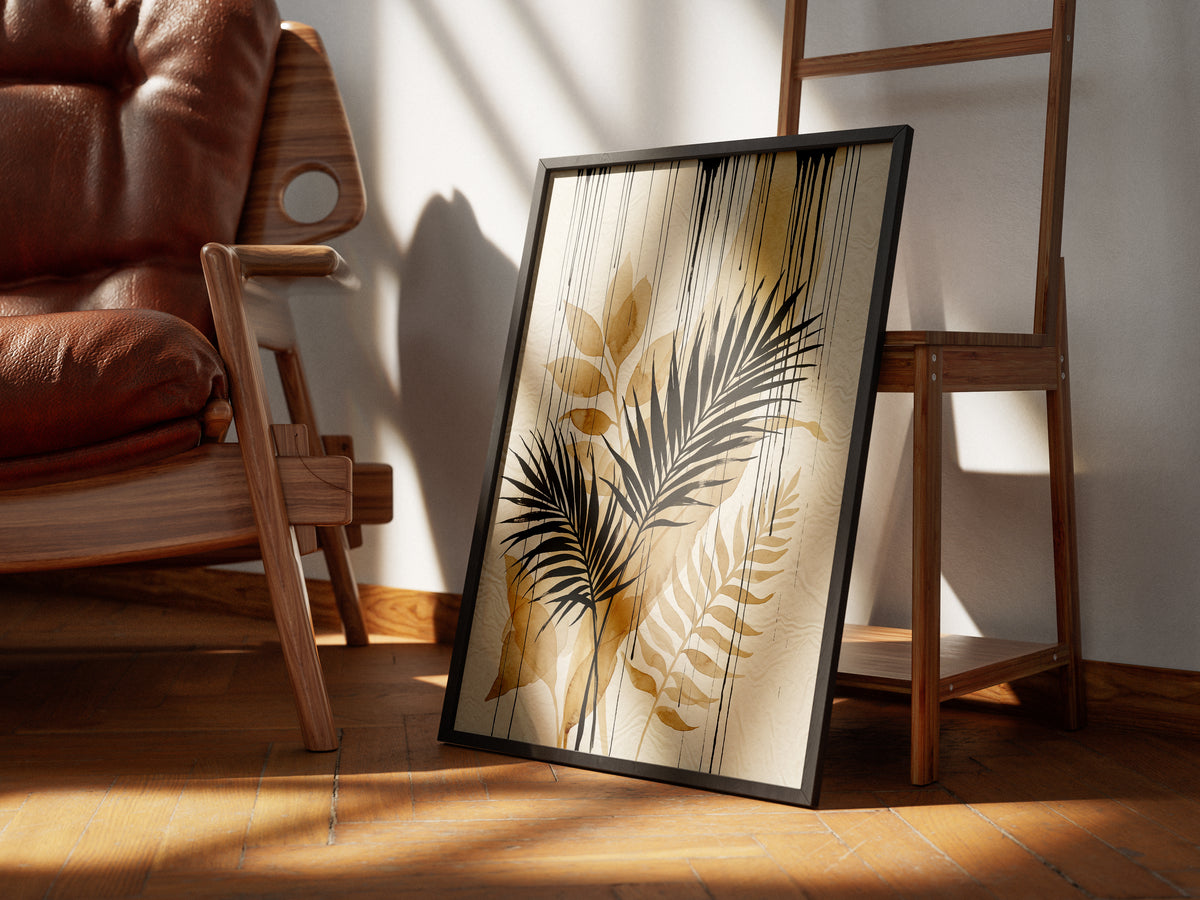 Tropical Palm Fronds & Ink Drip Print - Sepia Botanical