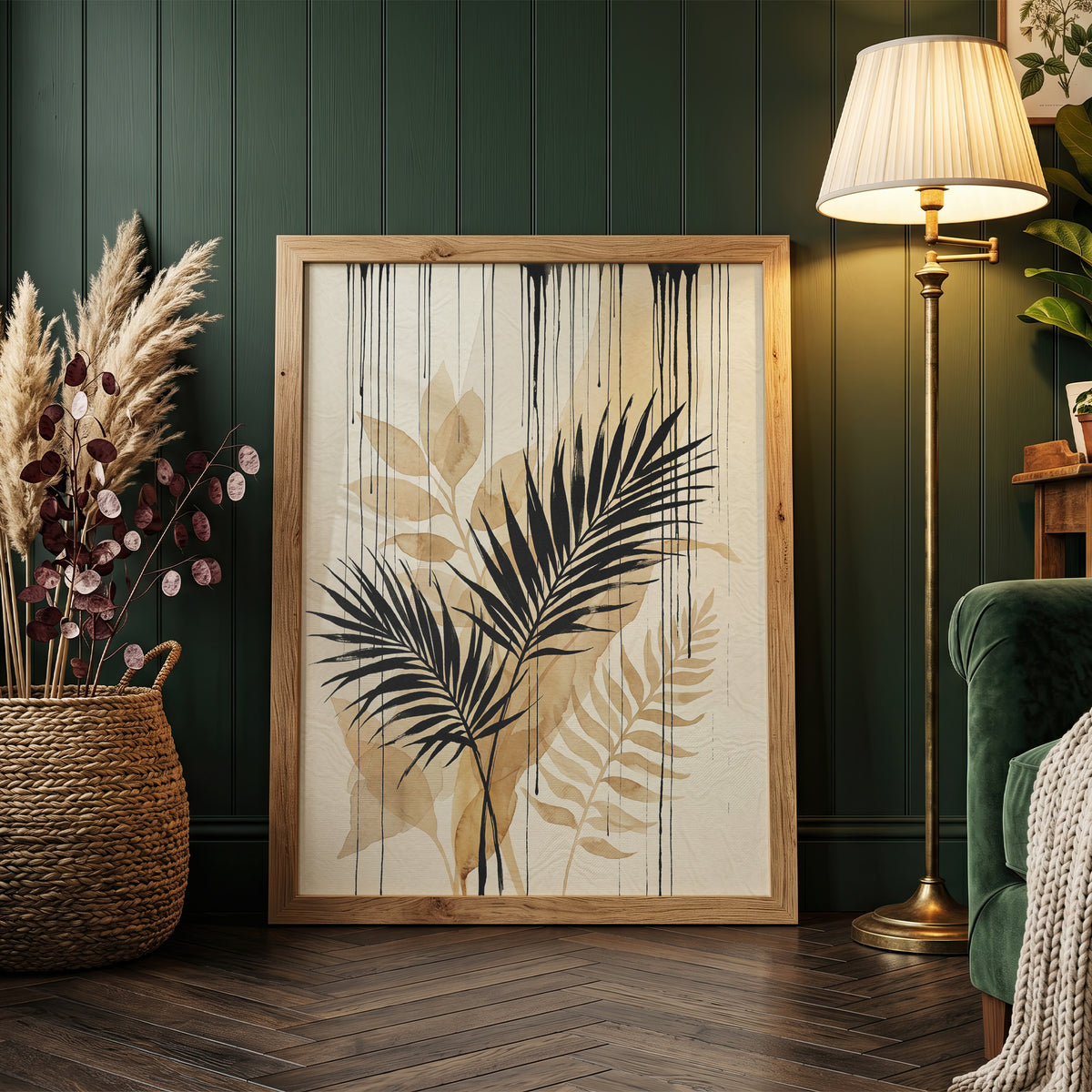 Tropical Palm Fronds & Ink Drip Print - Sepia Botanical