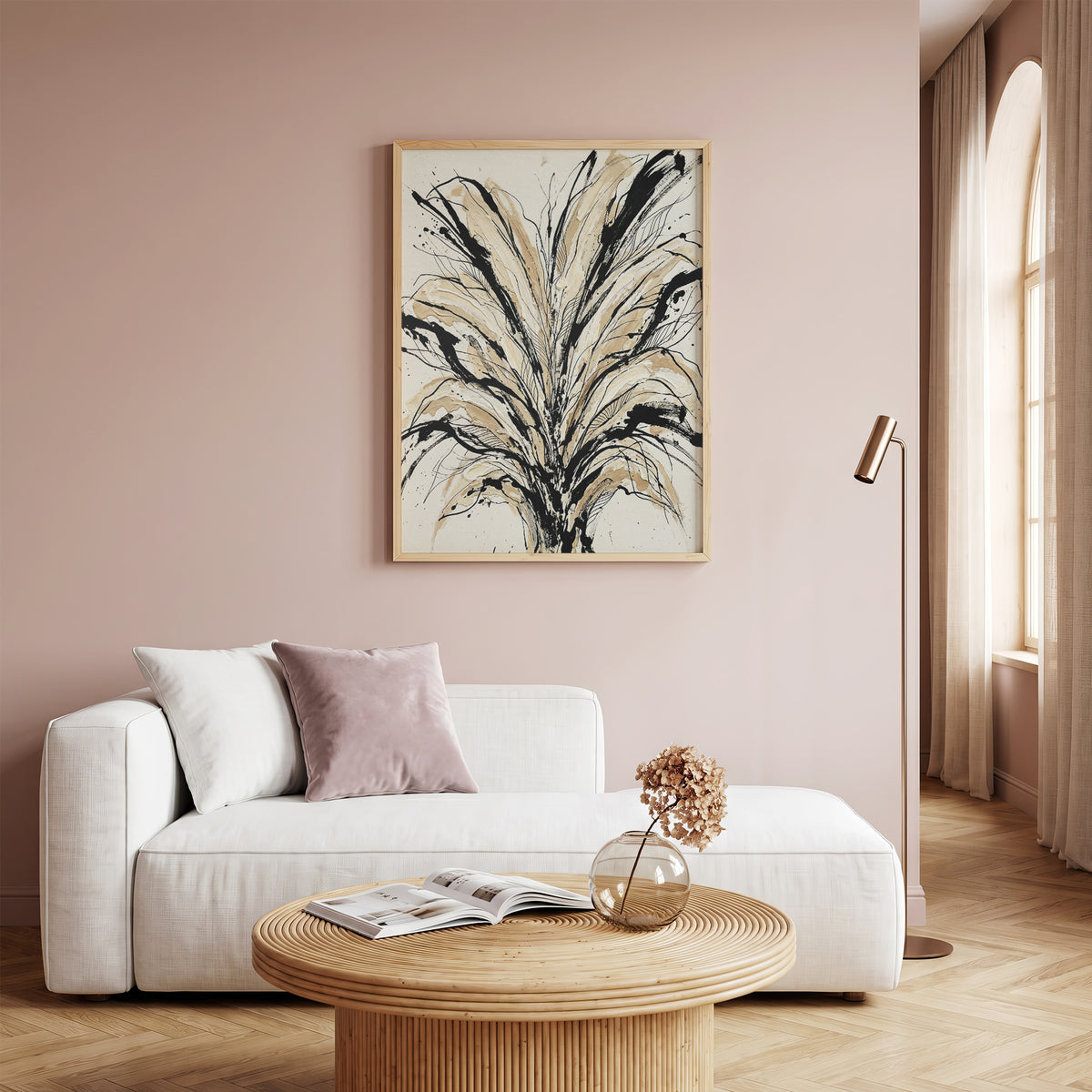 Floral Burst Impasto Art Print - Sumi-e Ink & Gold Petals