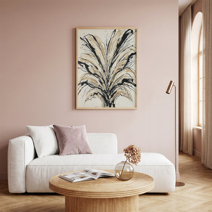 Floral Burst Impasto Art Print - Sumi-e Ink & Gold Petals