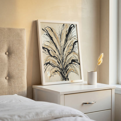 Floral Burst Impasto Art Print - Sumi-e Ink & Gold Petals