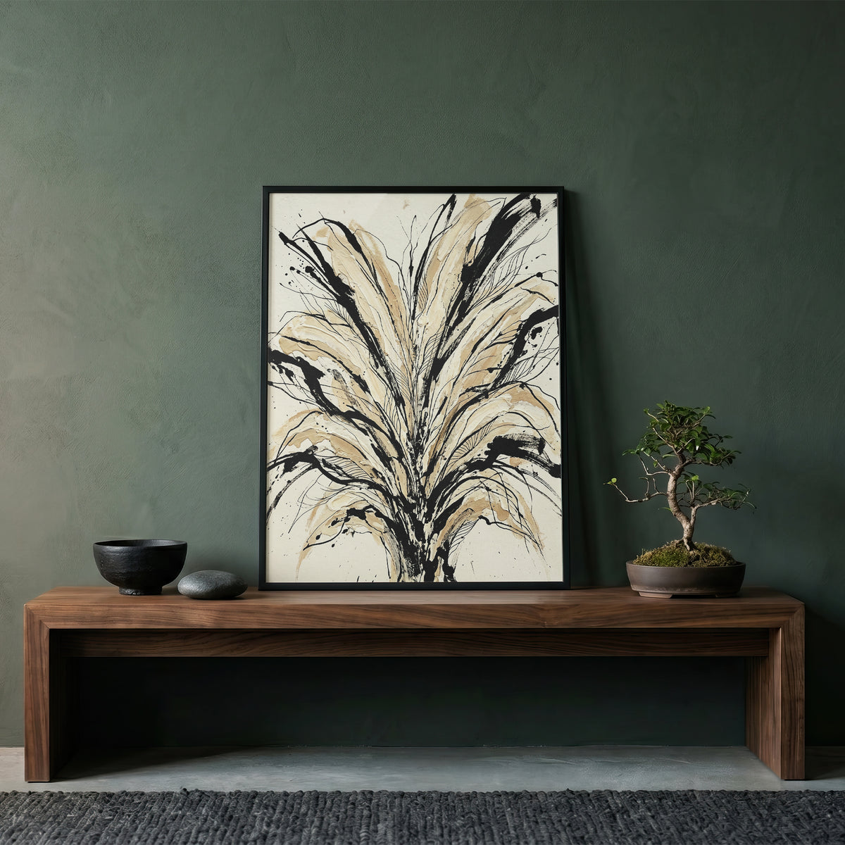 Floral Burst Impasto Art Print - Sumi-e Ink & Gold Petals