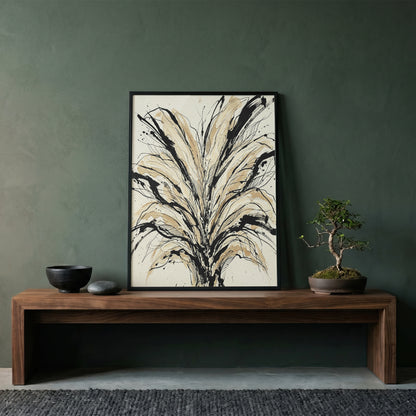 Floral Burst Impasto Art Print - Sumi-e Ink & Gold Petals