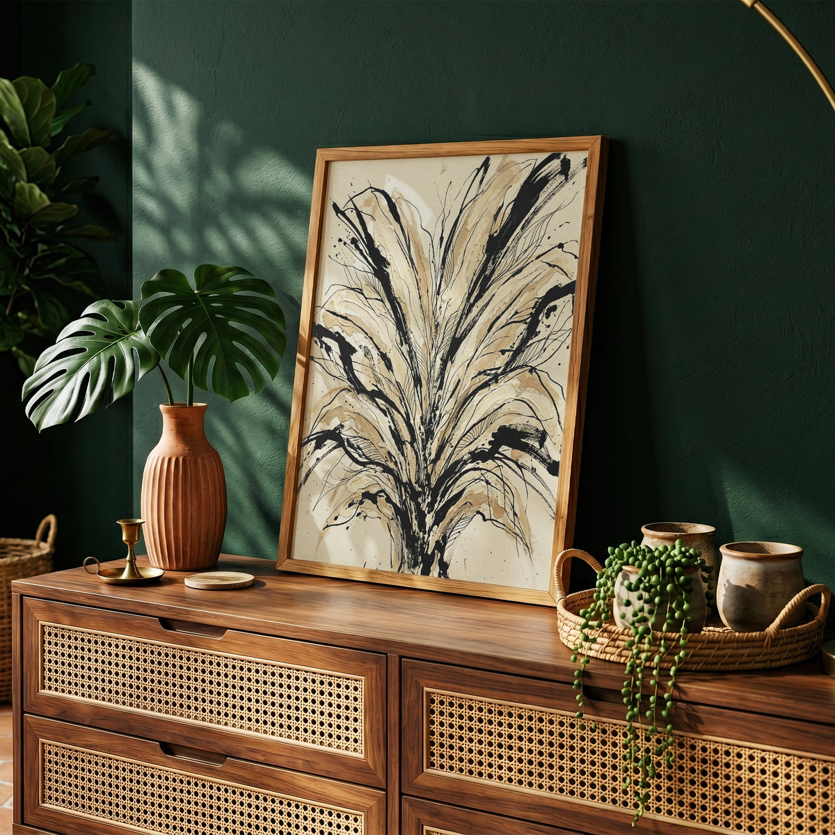 Floral Burst Impasto Art Print - Sumi-e Ink & Gold Petals