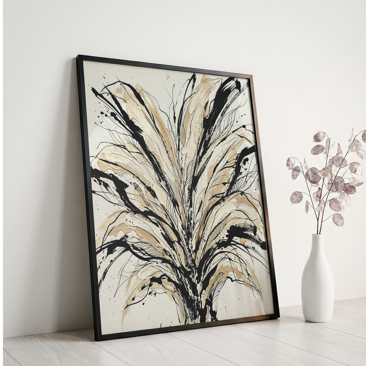Floral Burst Impasto Art Print - Sumi-e Ink & Gold Petals
