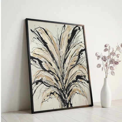Floral Burst Impasto Art Print - Sumi-e Ink & Gold Petals