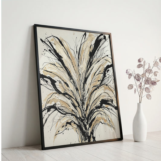 Floral Burst Impasto Art Print - Sumi-e Ink & Gold Petals