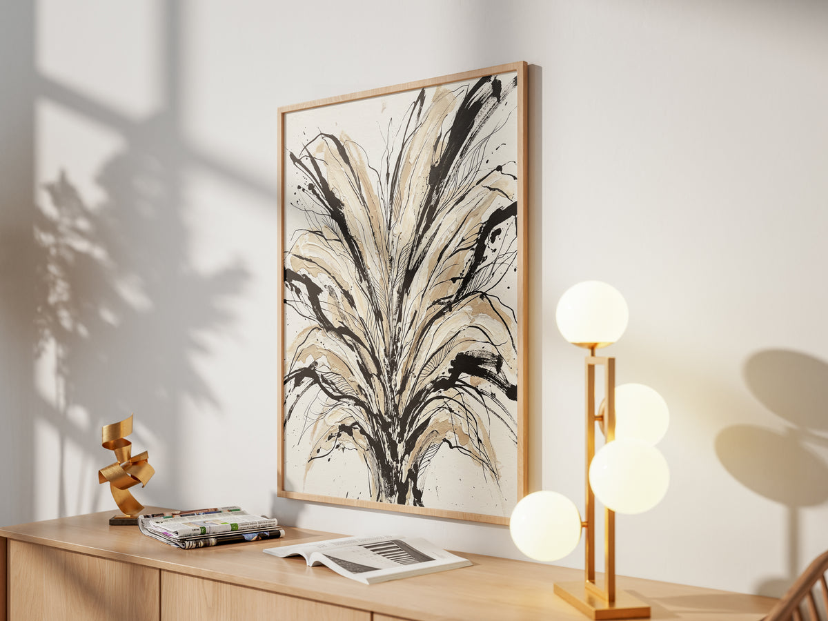 Floral Burst Impasto Art Print - Sumi-e Ink & Gold Petals