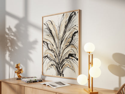 Floral Burst Impasto Art Print - Sumi-e Ink & Gold Petals