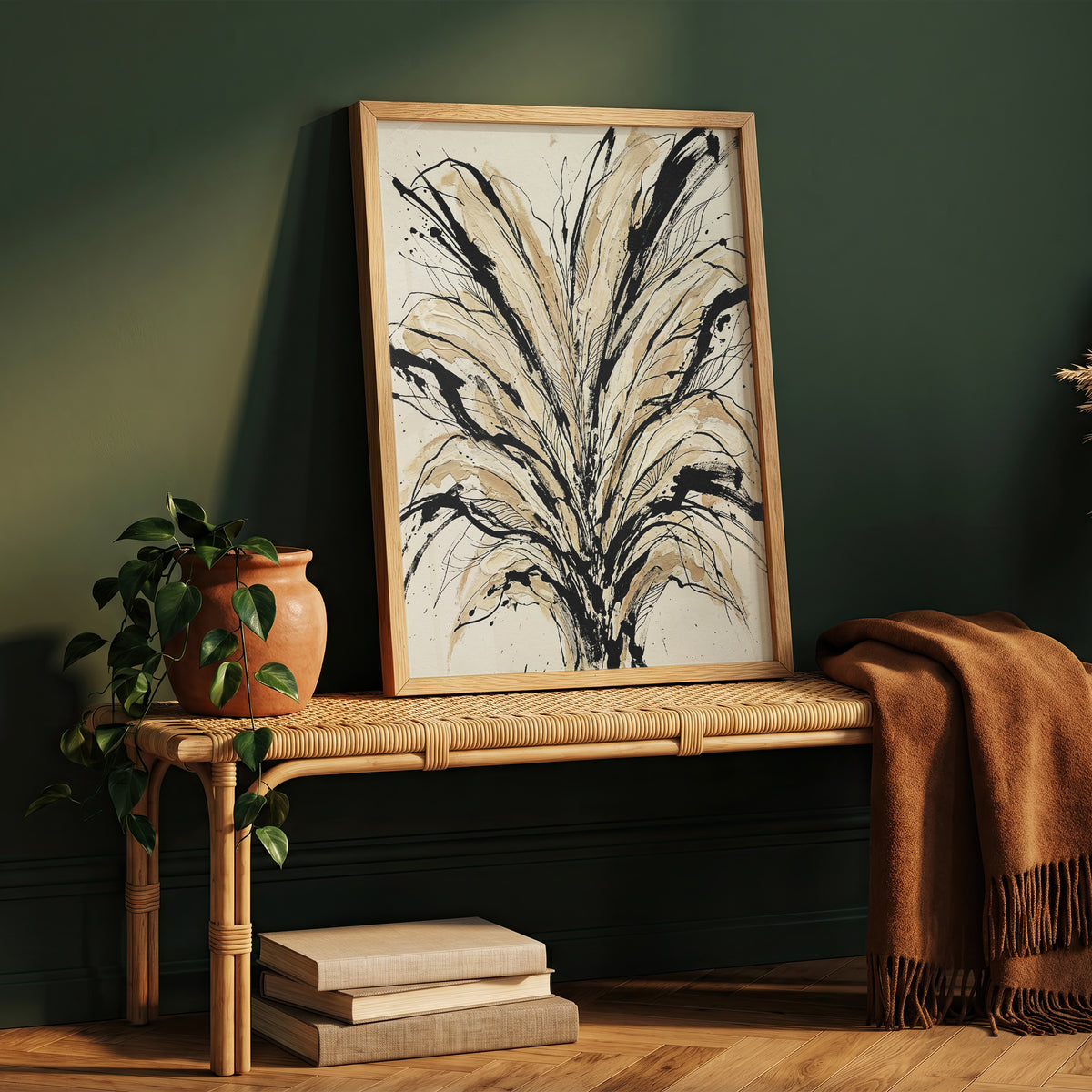 Floral Burst Impasto Art Print - Sumi-e Ink & Gold Petals