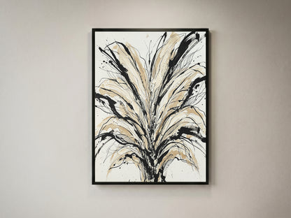 Floral Burst Impasto Art Print - Sumi-e Ink & Gold Petals