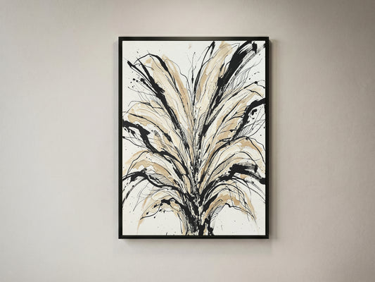 Floral Burst Impasto Art Print - Sumi-e Ink & Gold Petals