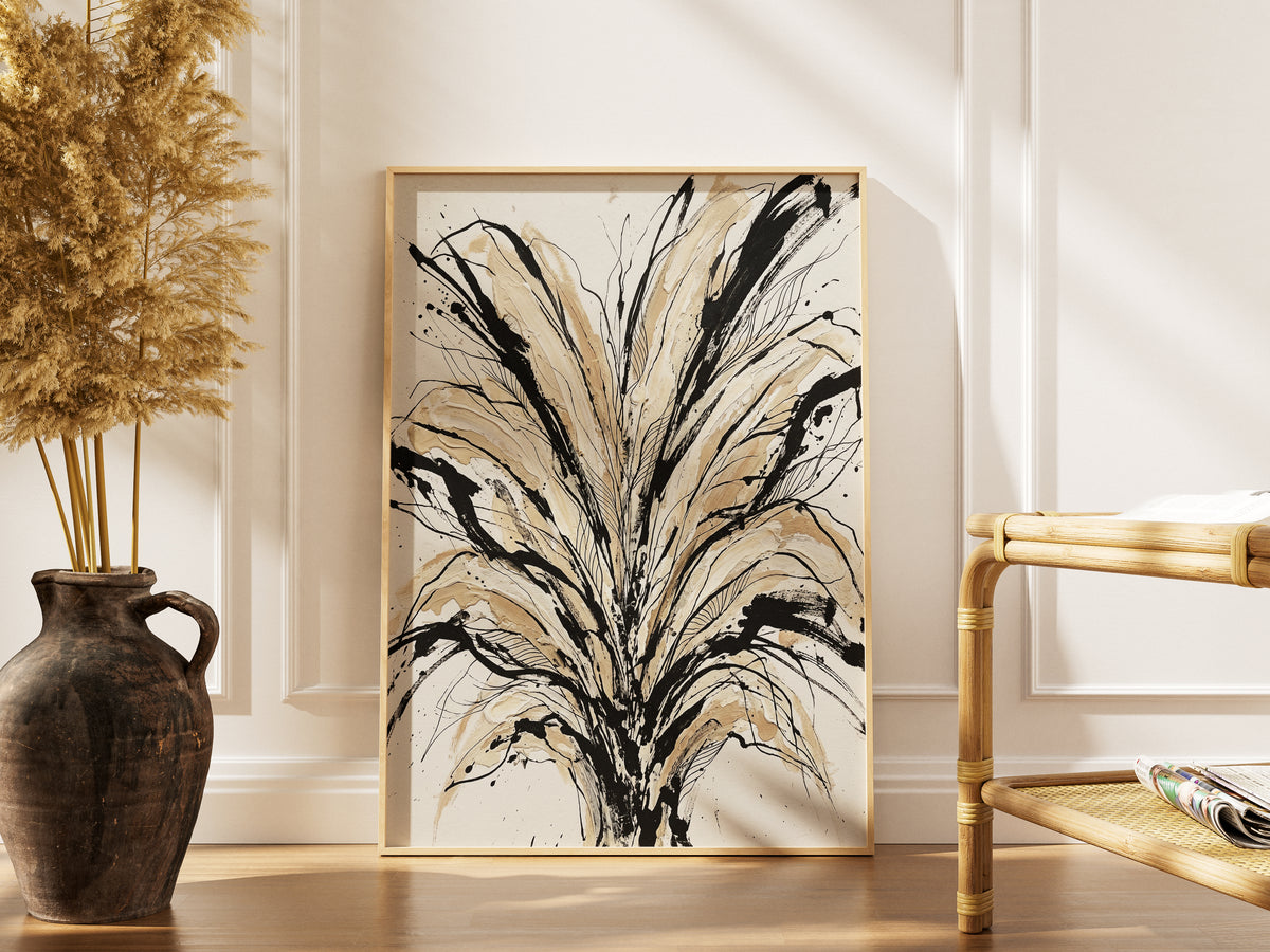 Floral Burst Impasto Art Print - Sumi-e Ink & Gold Petals