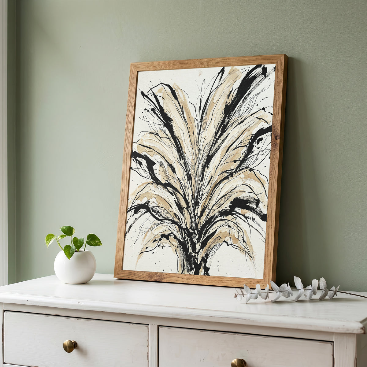 Floral Burst Impasto Art Print - Sumi-e Ink & Gold Petals
