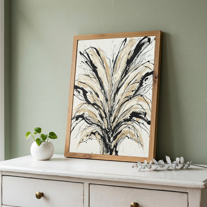 Floral Burst Impasto Art Print - Sumi-e Ink & Gold Petals
