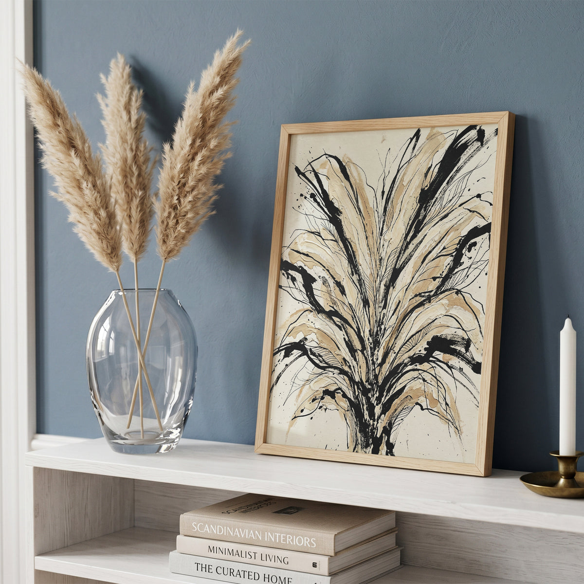 Floral Burst Impasto Art Print - Sumi-e Ink & Gold Petals