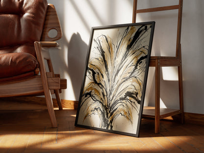 Floral Burst Impasto Art Print - Sumi-e Ink & Gold Petals