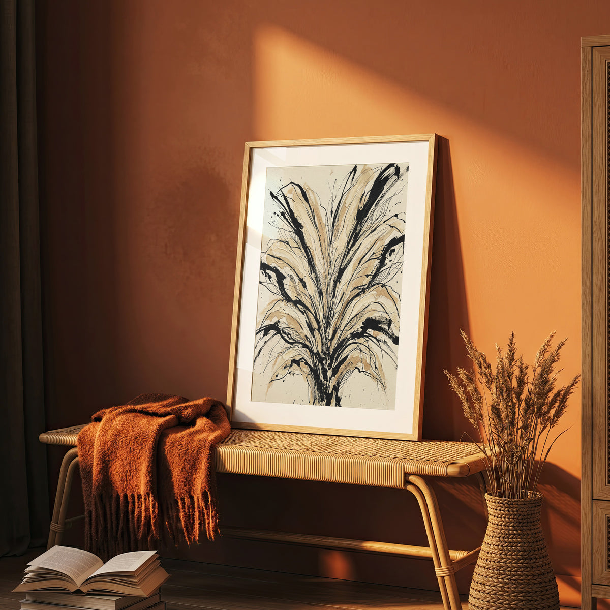 Floral Burst Impasto Art Print - Sumi-e Ink & Gold Petals