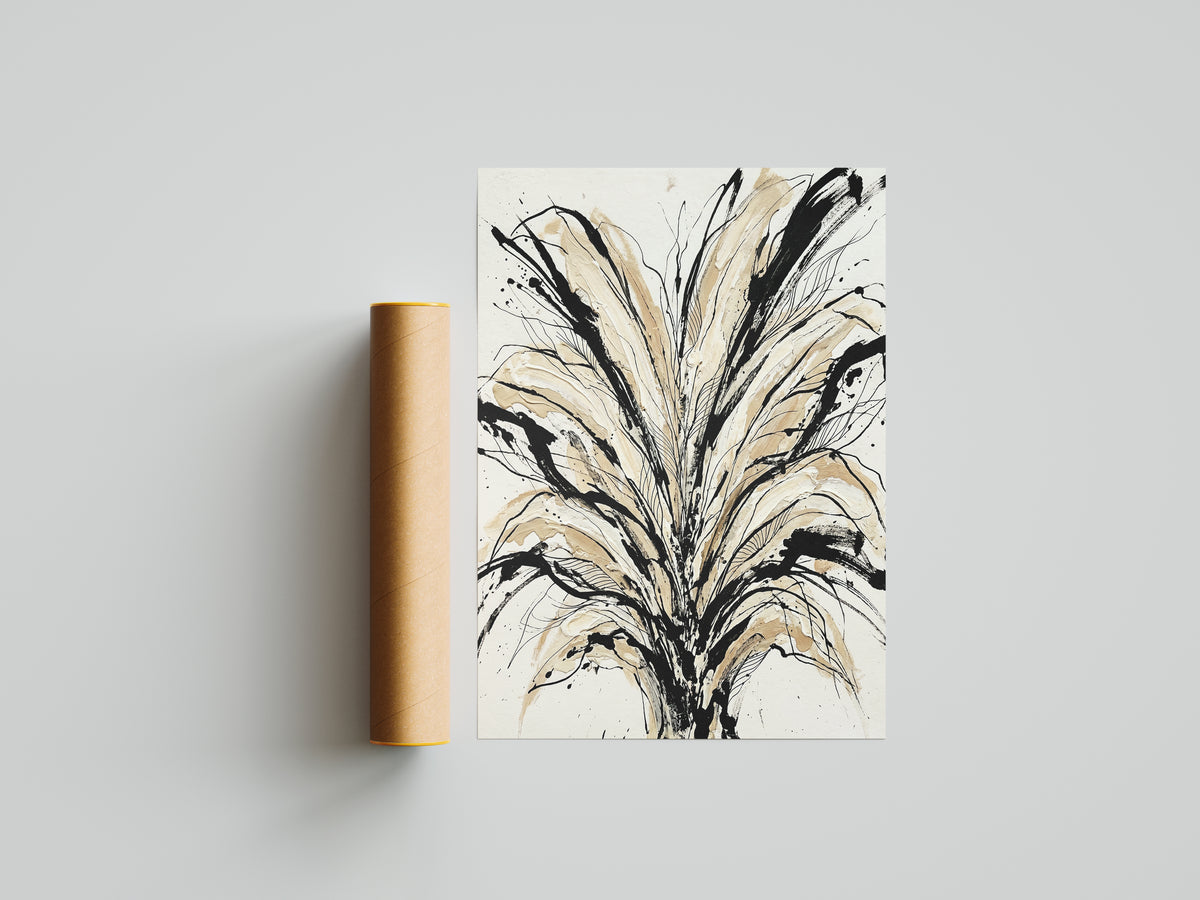 Floral Burst Impasto Art Print - Sumi-e Ink & Gold Petals