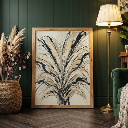 Floral Burst Impasto Art Print - Sumi-e Ink & Gold Petals