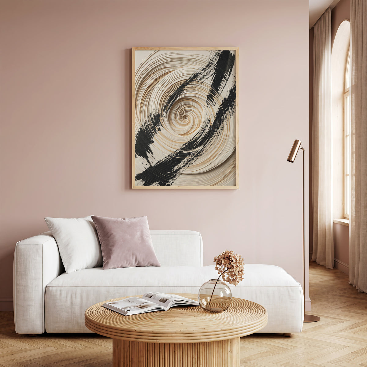 3D Paper Spiral & Sumi-e Brush Print - Zen Minimalist