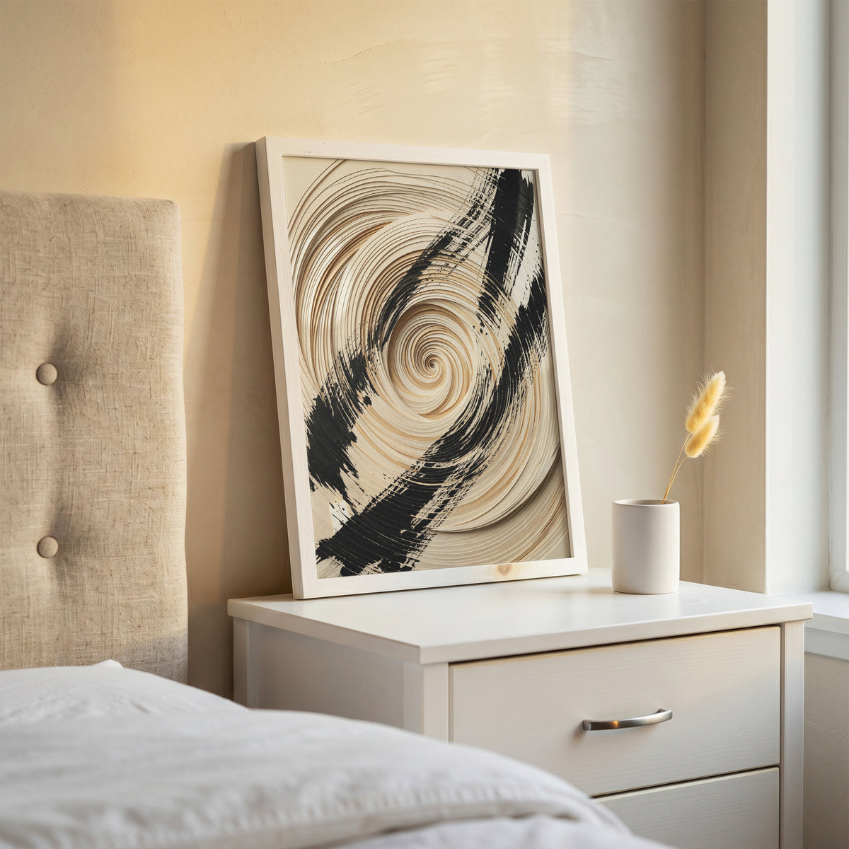 3D Paper Spiral & Sumi-e Brush Print - Zen Minimalist