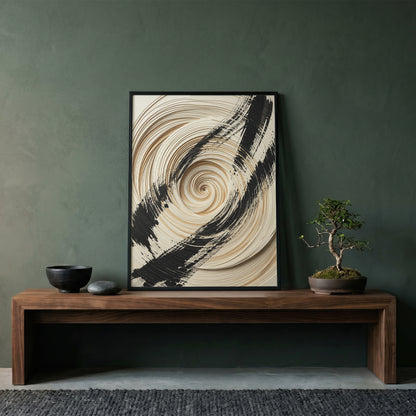 3D Paper Spiral & Sumi-e Brush Print - Zen Minimalist